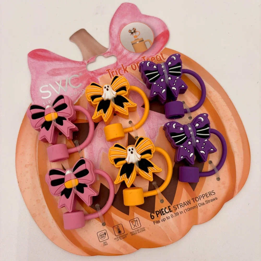 SWC Sip With Color Halloween Straw Toppers 6pc 10mm Ghost Bow Pink Orange Purple